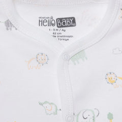 HelloBaby Boys Footed Romper Animal with Poppers Crew Neck Long Leg Long Sleeve - White Printed