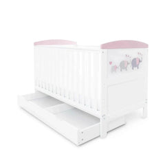 Ickle Bubba Coleby Style Cot Bed with Under Drawer Elephant Love Pink - Premium Sprung Mattress