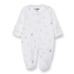 HelloBaby Boys Footed Romper Animal with Poppers Crew Neck Long Leg Long Sleeve - White Printed
