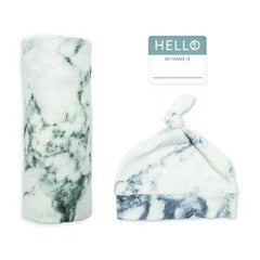 Lulujo Hello World Newborn Hat & Swaddle Set Marble